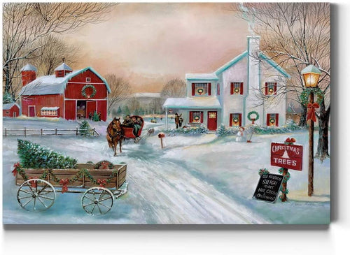 Red Barn Christmas Canvas: Winter Farm Decor Art