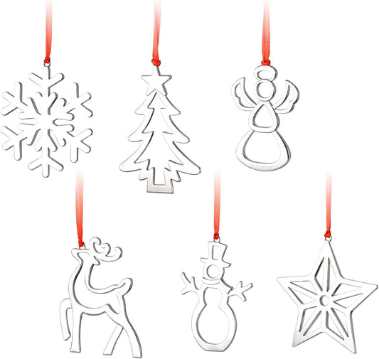 3 Inch Silver Christmas Ornaments - Snowflake, Snowman, Reindeer Hanging Ornaments for Xmas Tree Decoration (Set of 6)