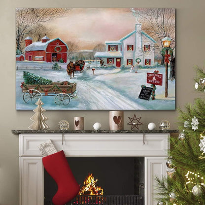 Red Barn Christmas Canvas: Winter Farm Decor Art