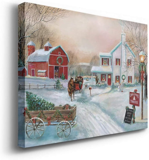 Red Barn Christmas Canvas: Winter Farm Decor Art